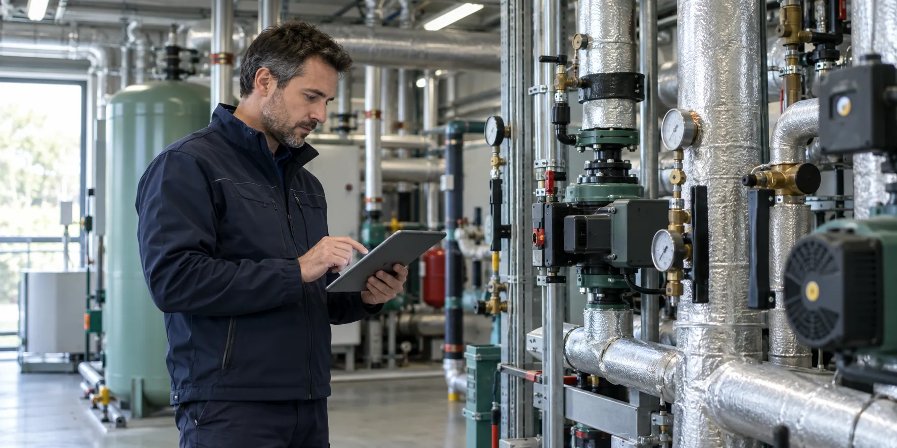 Technicien relevant les équipements d’une chaufferie