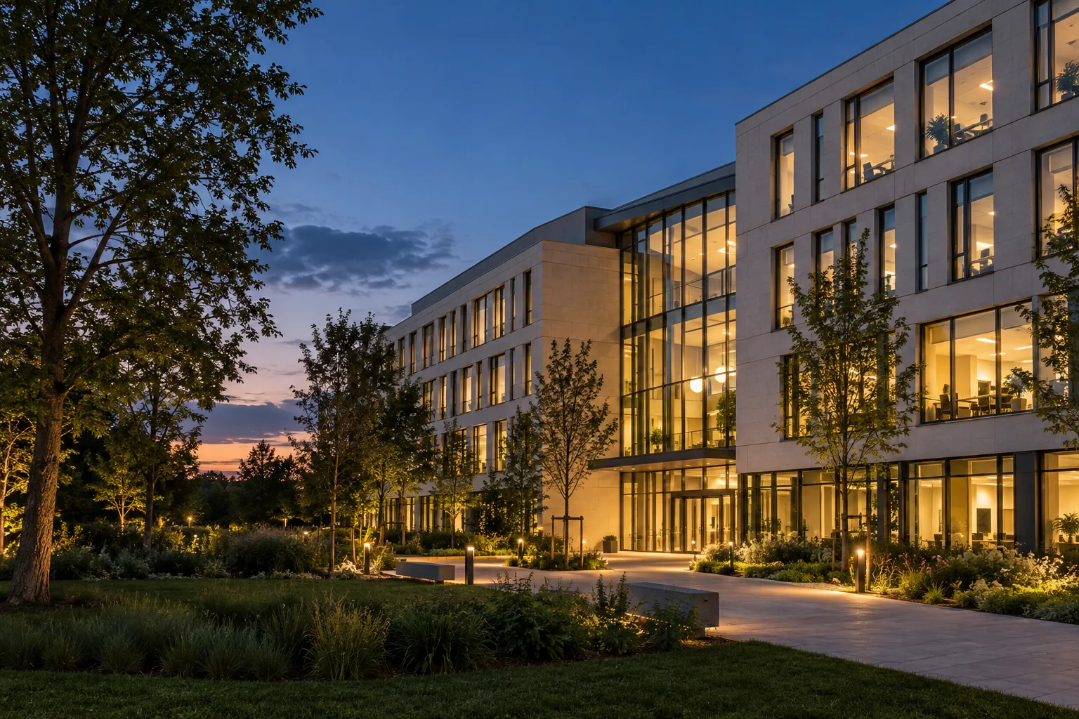 Bâtiment tertiaire éclairé en soirée