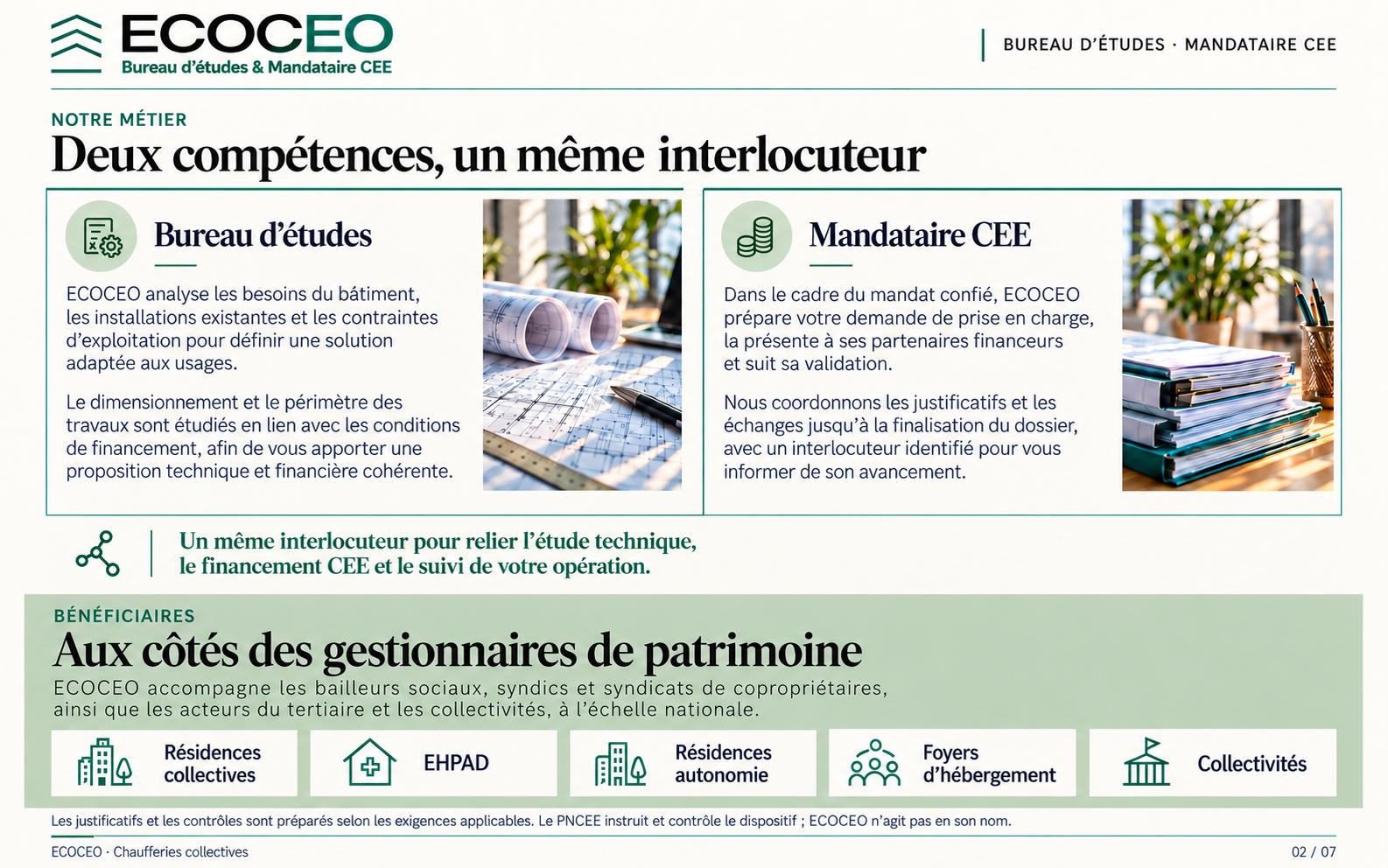 Plans de bâtiment, règle et stylos — illustration du bureau d’études dans la plaquette ECOCEO